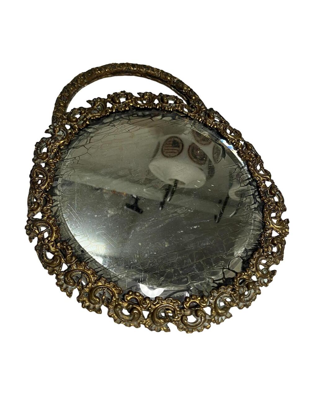 Vintage Brass Vanity Mirror Tray Round Ornate Handle